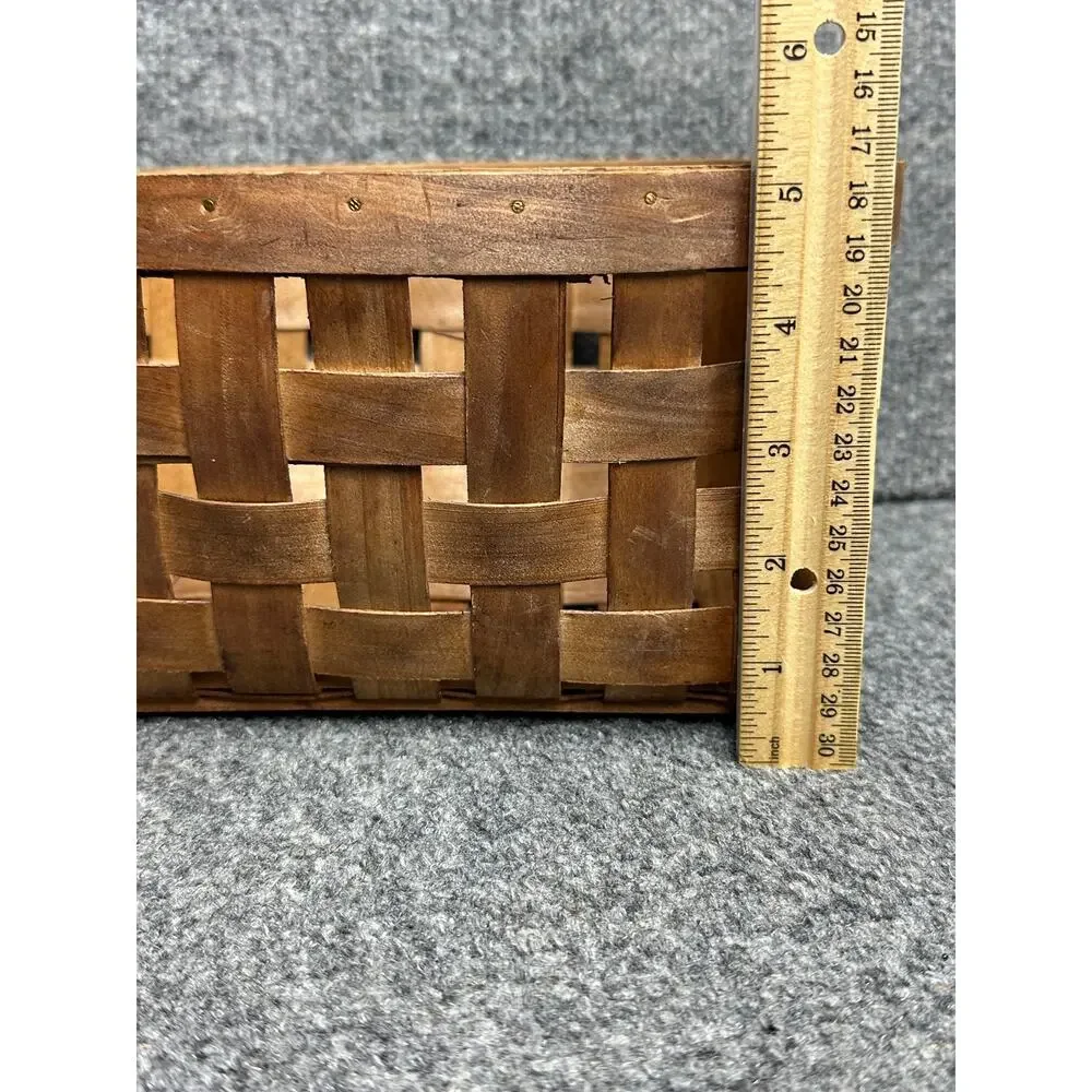 Vintage handmade woven split wood basket 9”rustic farmhouse storage nailed rim